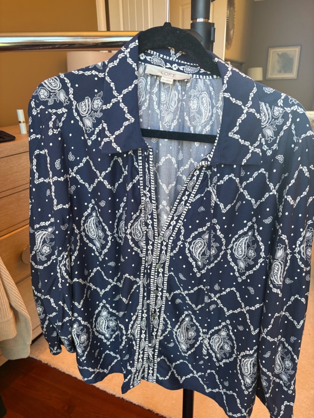 LOFT Navy and White Paisley Button-Front Blouse